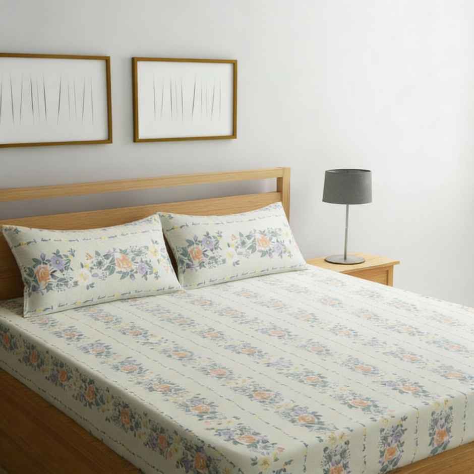 Status Cotton Feel Double Floral Bedsheet | White | 91 x 83 in