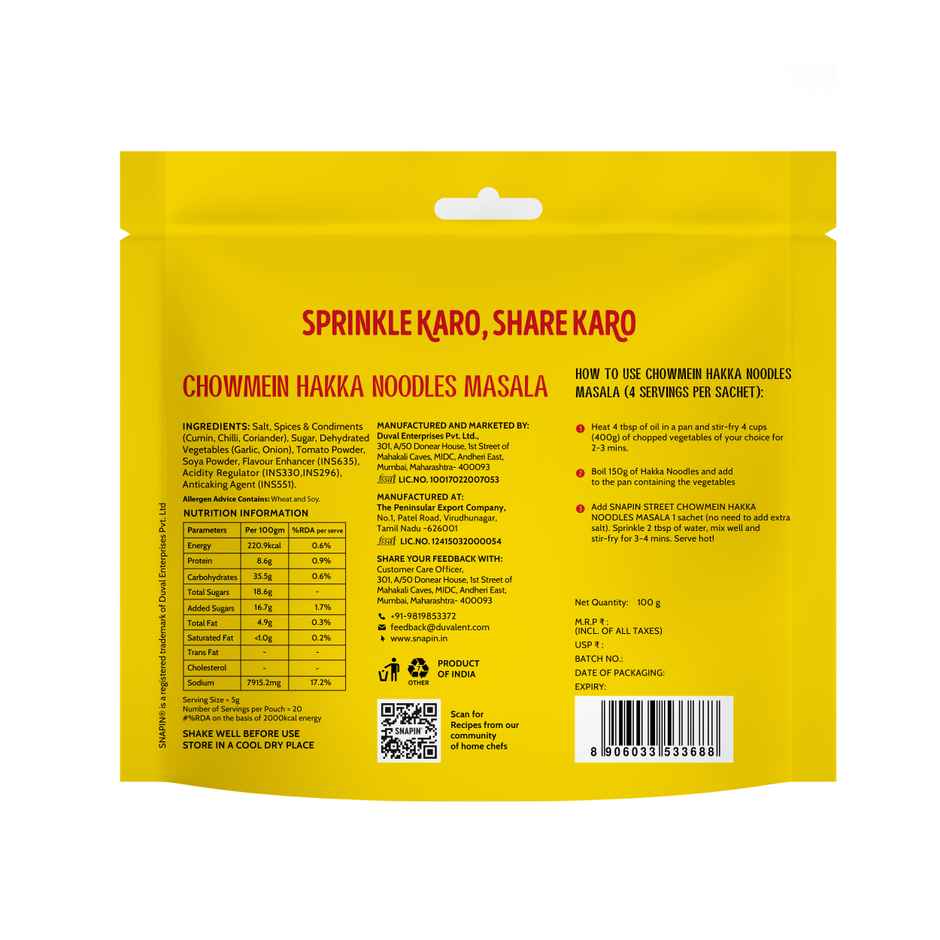 Snapin Street Chowmain Hakka Noodle Masala Sachet Pouch