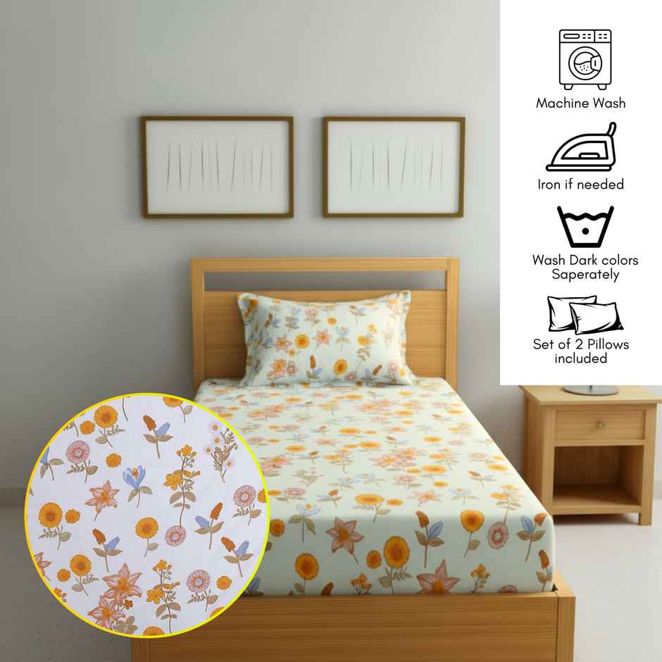 Status Value Single Floral Bedsheet | 59 x 79 in | White