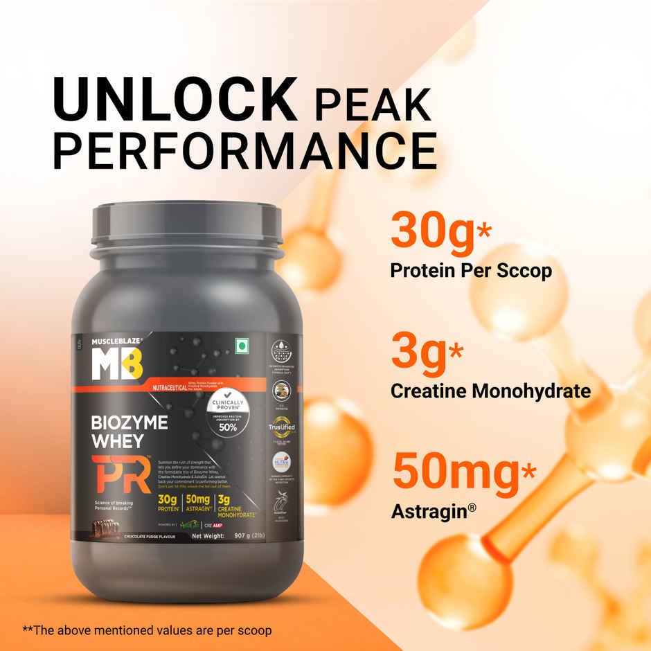 MuscleBlaze Biozyme Whey Protein Powder PR Chocolate Fudge 30 g Protein