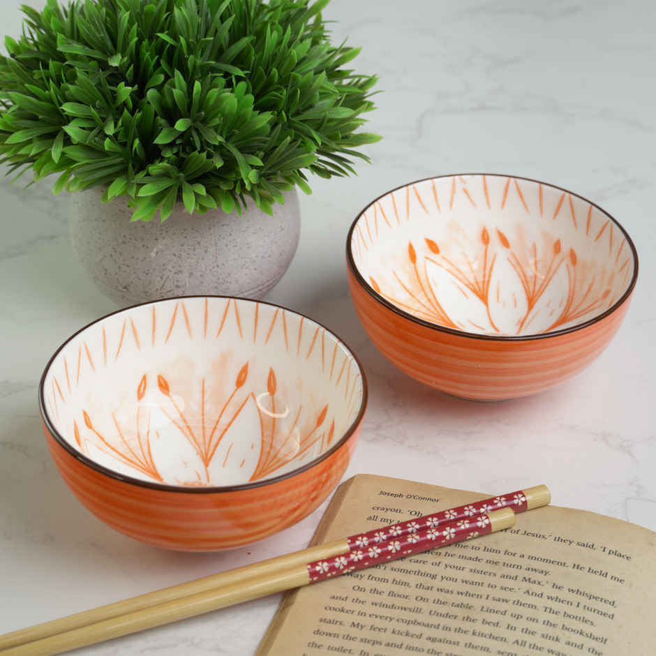 Capsicum Sunrise Pattern Ceramic Bowl Set | Orange - 350 ml