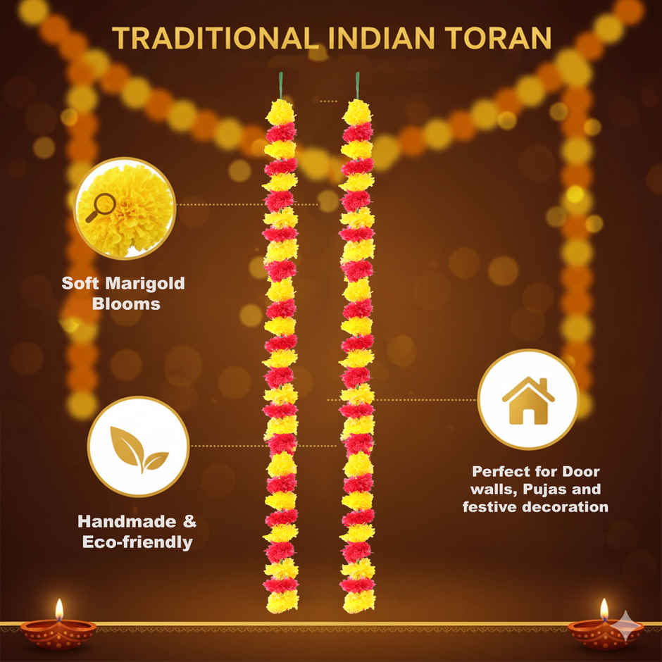 Flower String Bandhanwar | Marigold Paper Design | Yellow&Red | 2 pcs | Multicolor | Mangal Bhawan