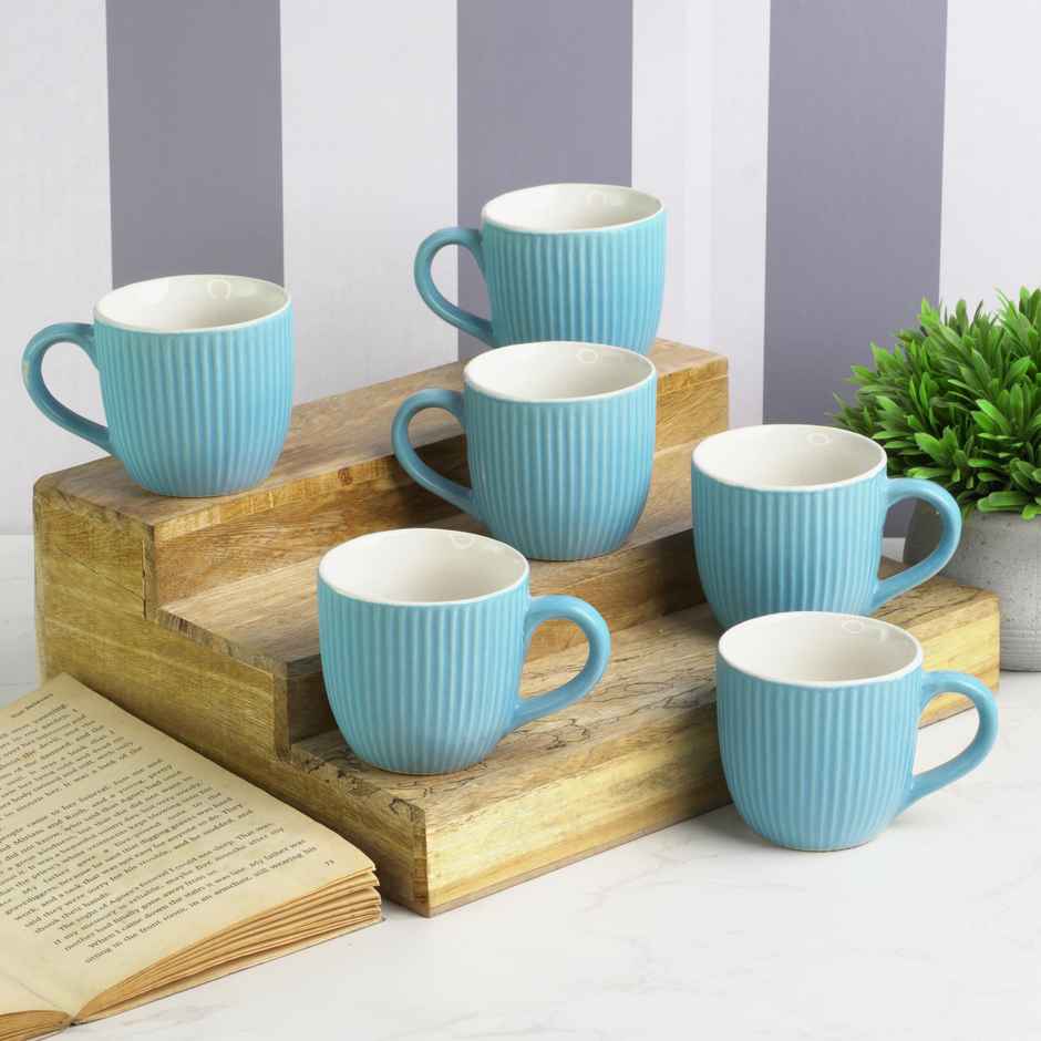 Saffron Ribbed Ceramic Cups | Sky Blue - 200 ml