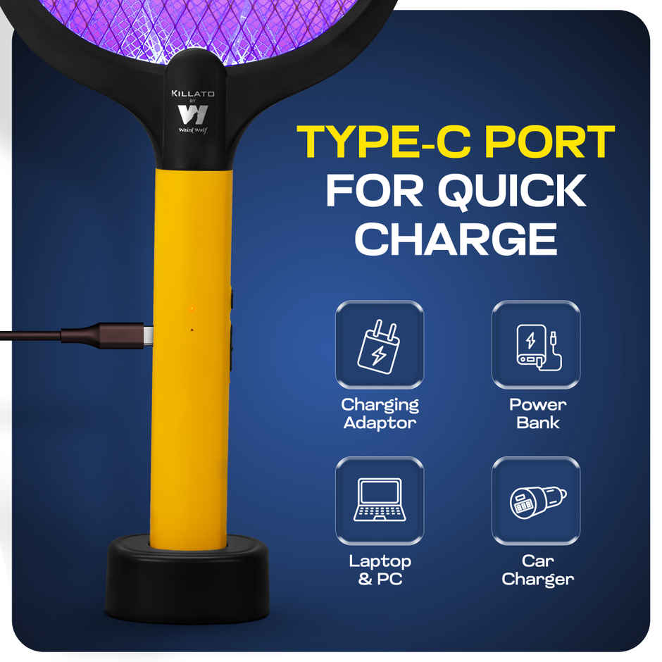 Killato Weird Wolf 2 In 1 Uv Light Mosquito Bat Racket Usb Type-C Charging, (Yellow-Black)