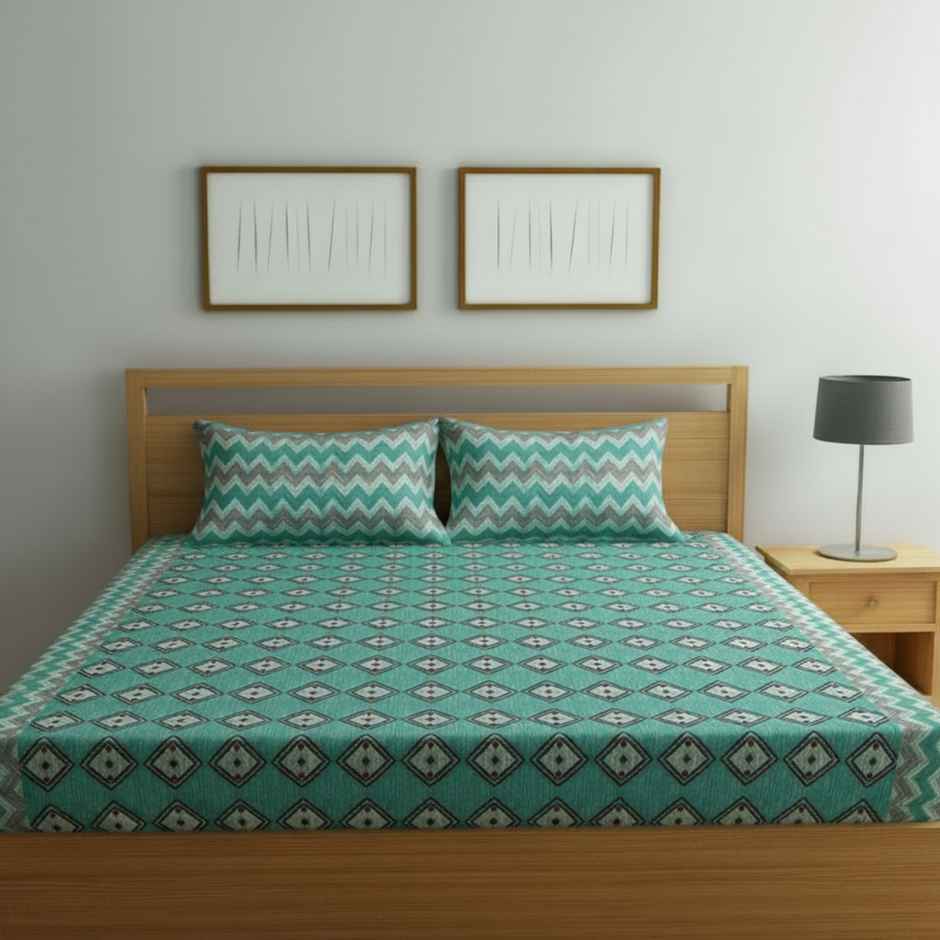 Status Cotton Feel Double Geometric Bedsheet | Green | 91 x 83 in