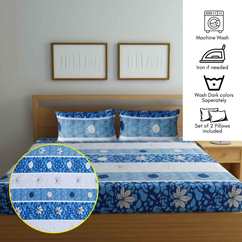 Status Cotton Feel Double Floral Bedsheet | Blue | 91 x 83 in