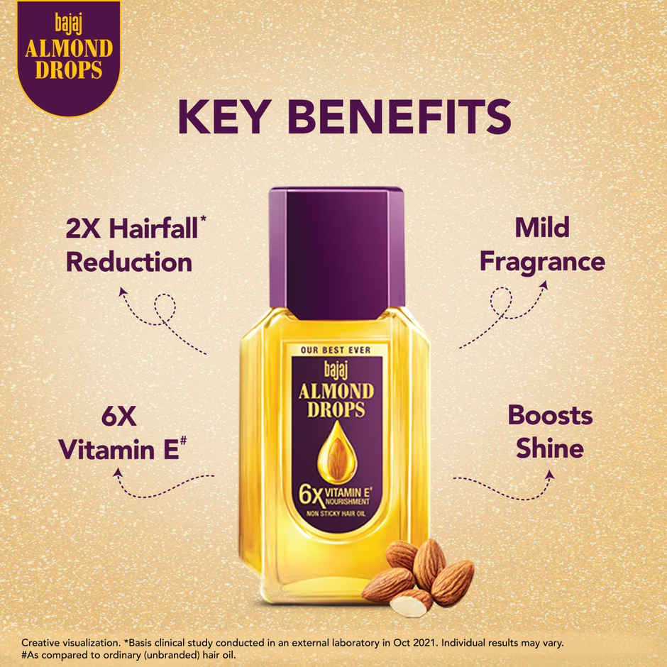 Bajaj Almond Drops Hair Oil | 6X Vitamin E & Almond Oil | Light & Non-Sticky | Hair Fall Control