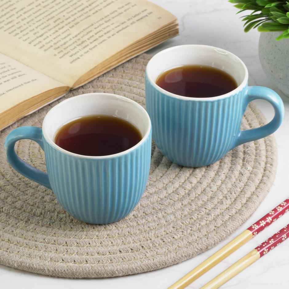 Saffron Ribbed Ceramic Cups | Sky Blue - 200 ml