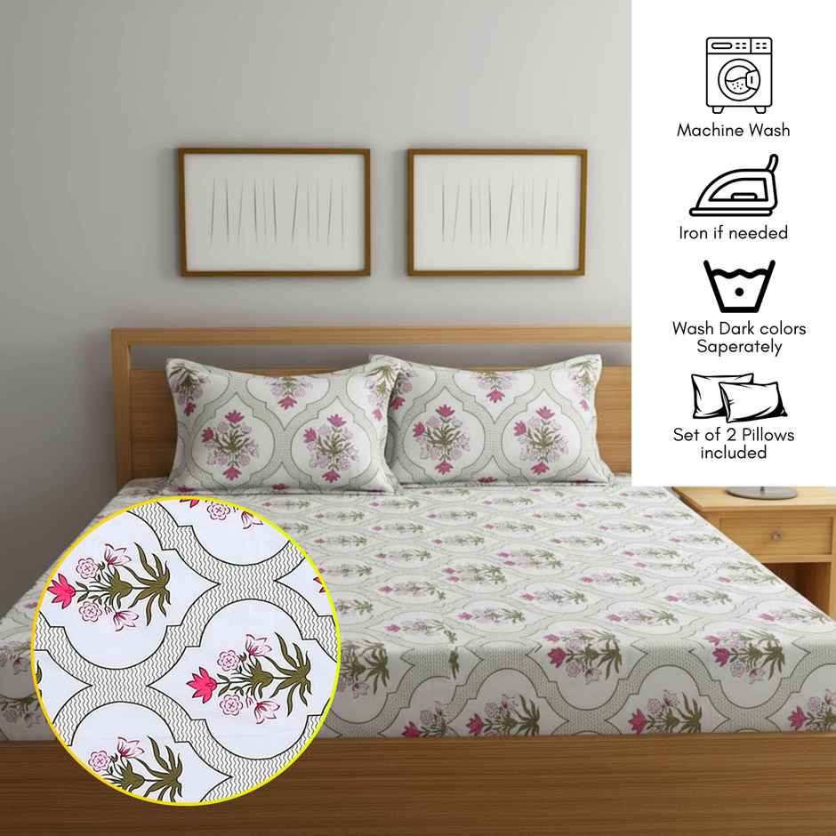 Status Value Double Floral Jaipur Bedsheet | White