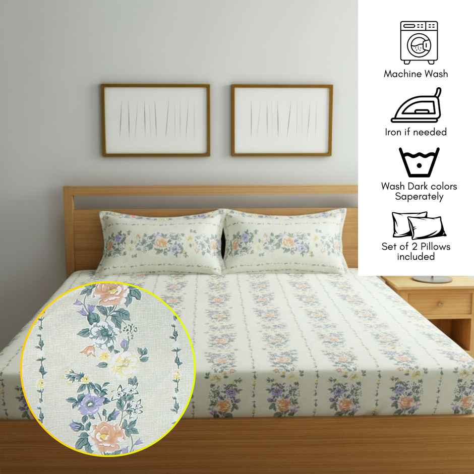 Status Cotton Feel Double Floral Bedsheet | White | 91 x 83 in
