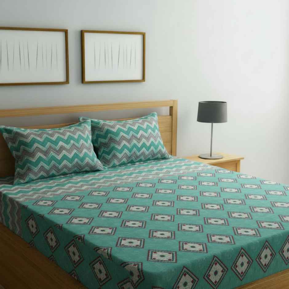 Status Cotton Feel Double Geometric Bedsheet | Green | 91 x 83 in
