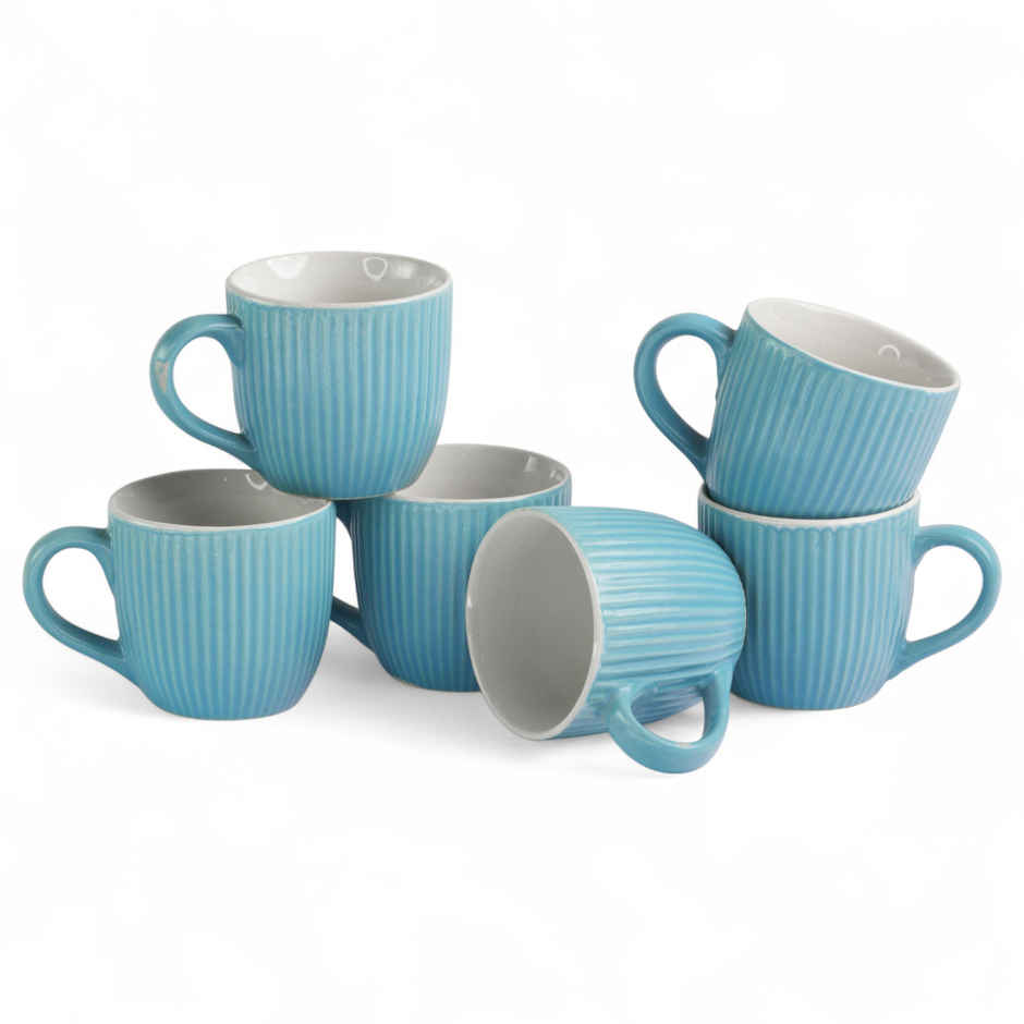 Saffron Ribbed Ceramic Cups | Sky Blue - 200 ml