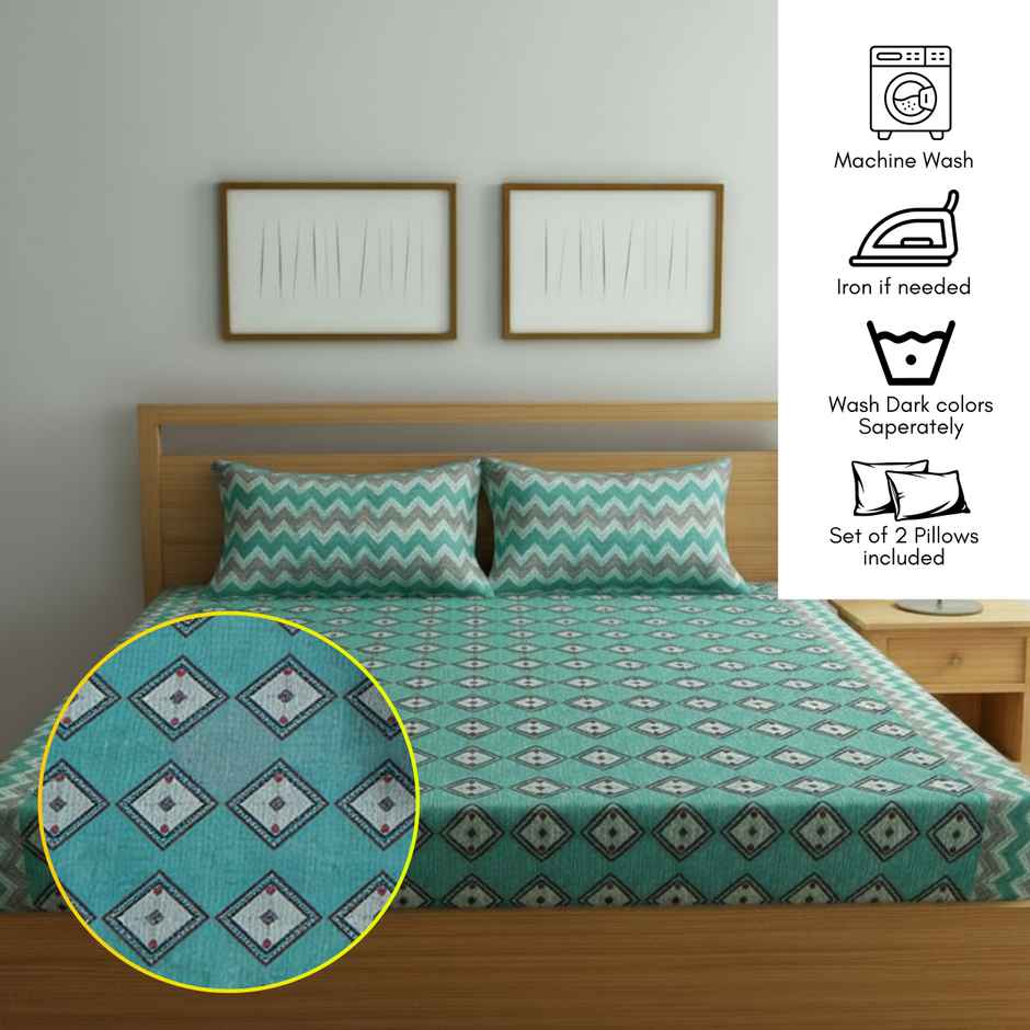Status Cotton Feel Double Geometric Bedsheet | Green | 91 x 83 in
