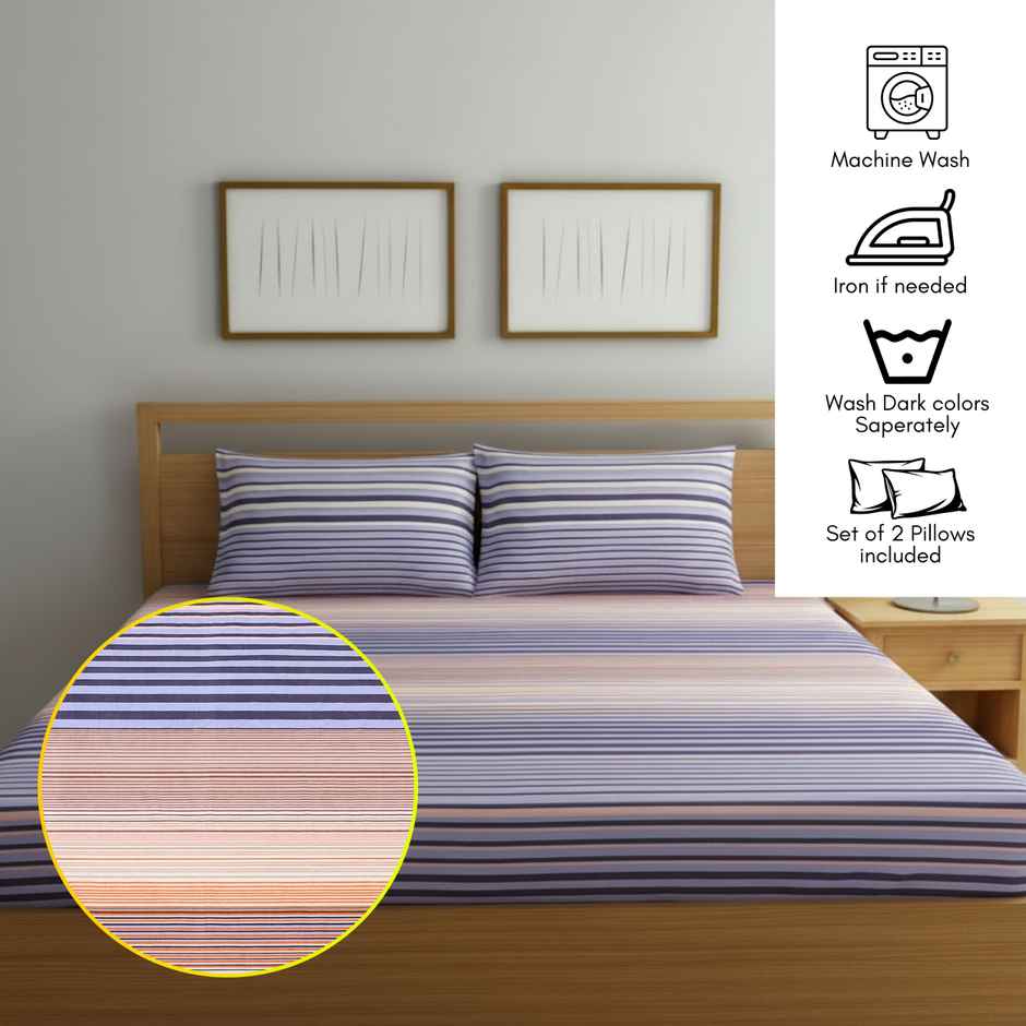 Status Value Double Multi Stripe Cotton Bedsheet | 79 x 87 in | Blue and Orange