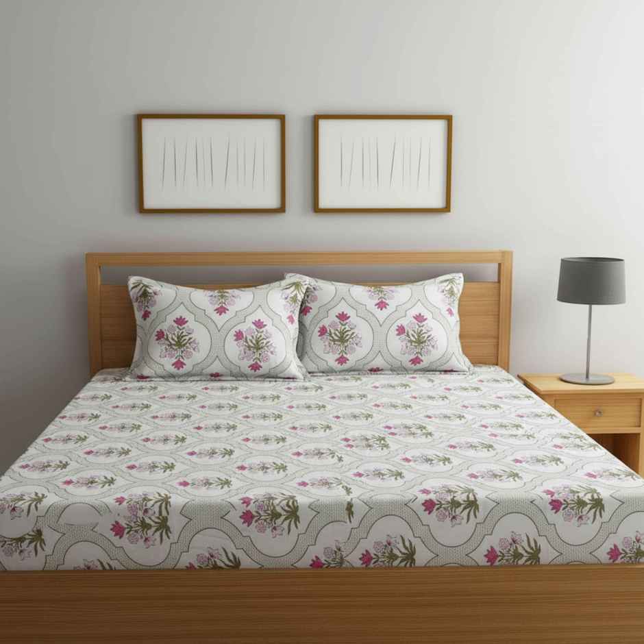 Status Value Double Floral Jaipur Bedsheet | White