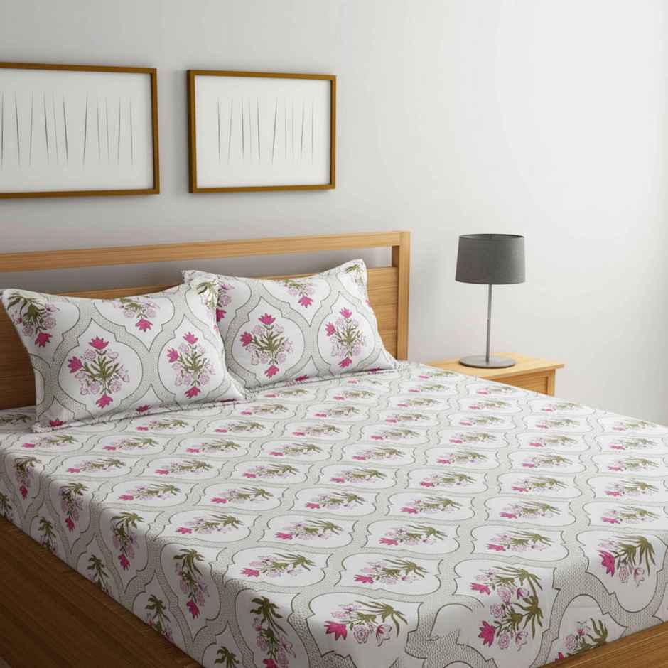 Status Value Double Floral Jaipur Bedsheet | White