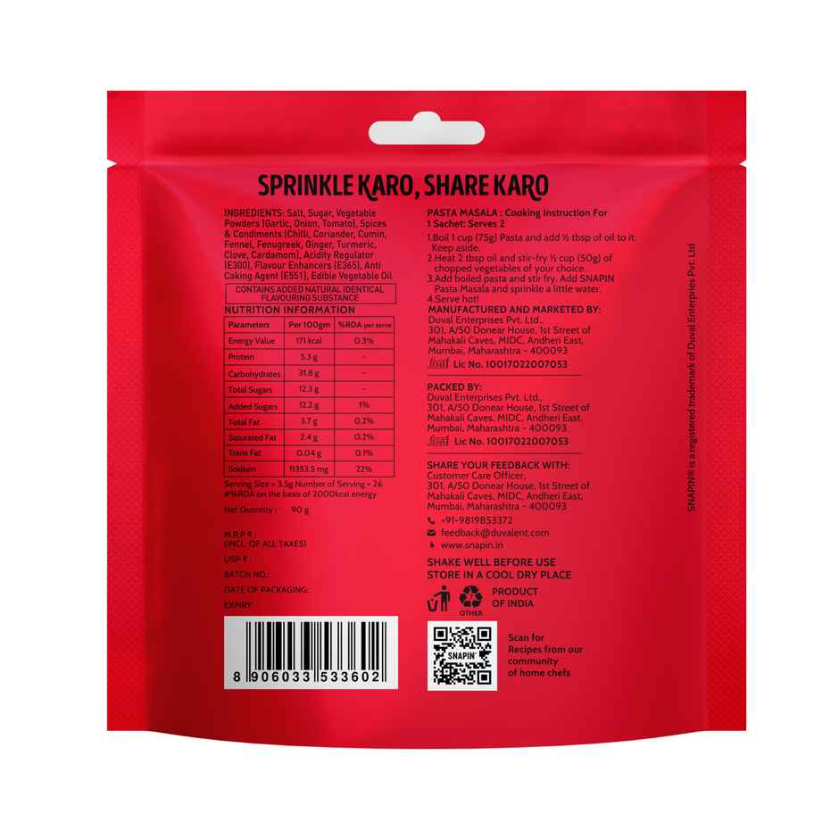 Snapin Pasta Masala Sachet Pouch