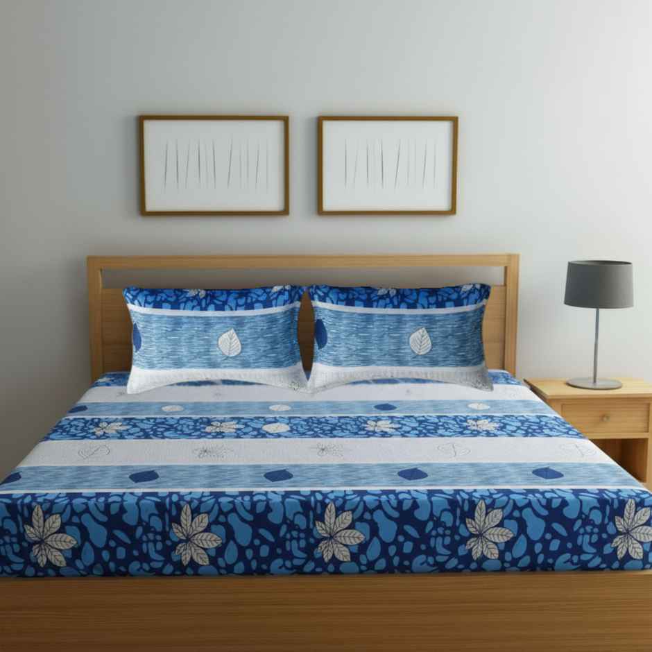 Status Cotton Feel Double Floral Bedsheet | Blue | 91 x 83 in