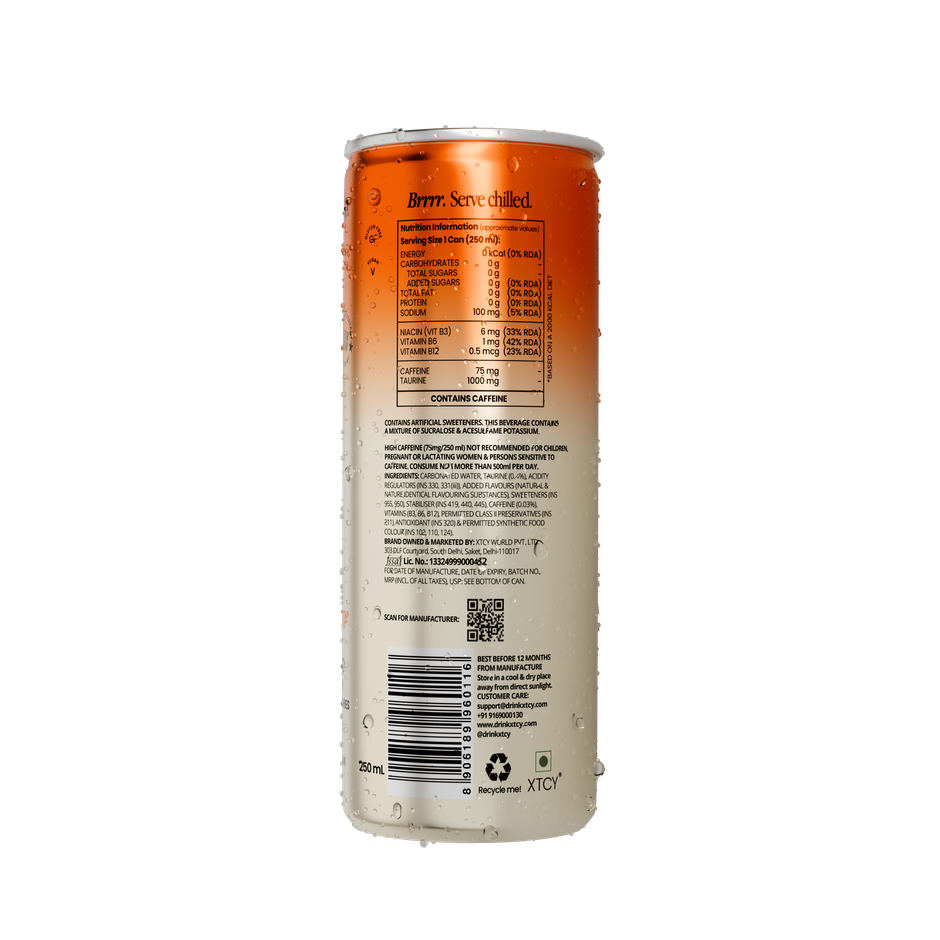 XTCY Orange 75mg Caffeine Zero Sugar Energy Drink