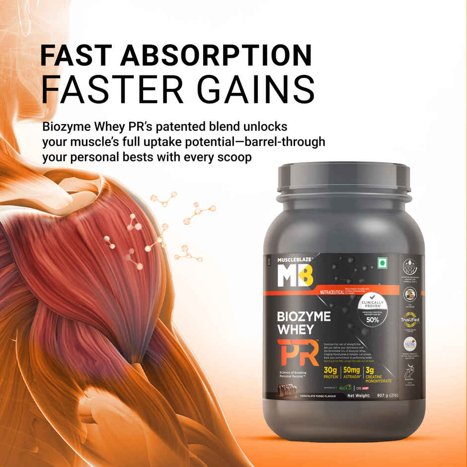 MuscleBlaze Biozyme Whey Protein Powder PR Chocolate Fudge 30 g Protein
