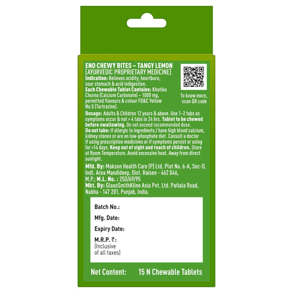 ENO Chewy Bites Tasty Chewable Antacid For Gentle Effective Relief From Acidity Lemon Flavour