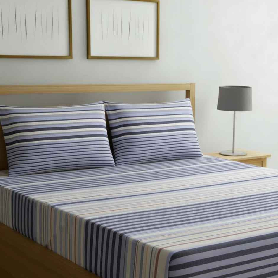 Status Value Double Multi Stripe Cotton Bedsheet | 79 x 87 in | Blue and Orange