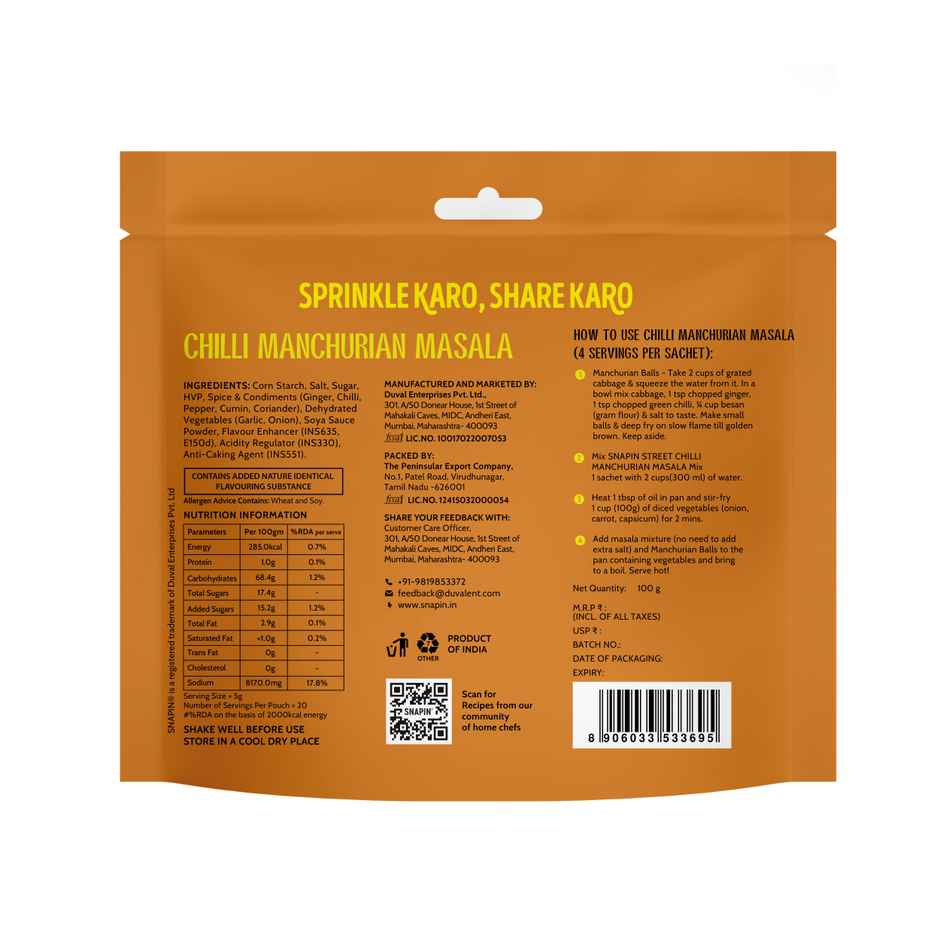 Snapin Street Manchurian Masala Sachet Pouch