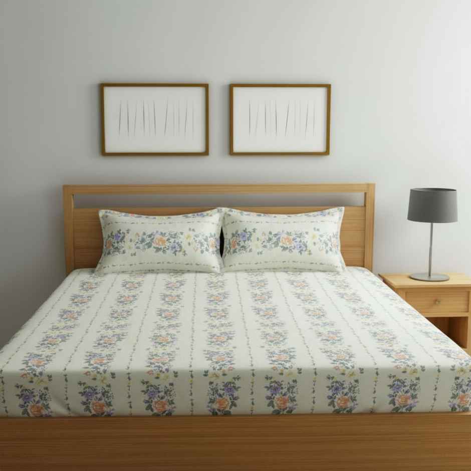 Status Cotton Feel Double Floral Bedsheet | White | 91 x 83 in