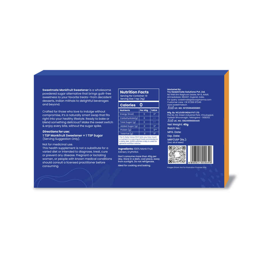 Sweetmate Monk Fruit Sweetener Sachets | Zero Calorie Sugar Substitute | Natural Sugar Replacement