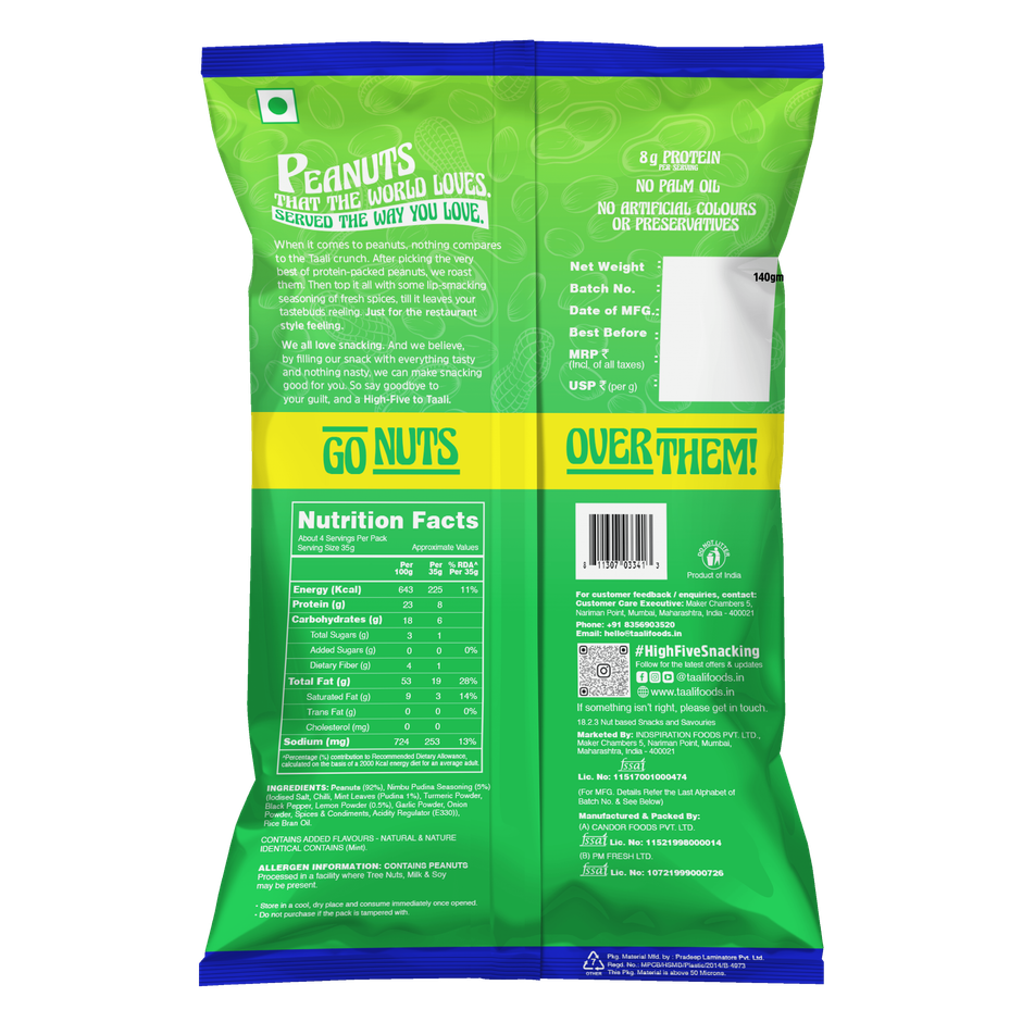 Taali Roasted Nimbu Pudina Peanuts, Premium Quality Bharuchi Nuts, Rich in Protein