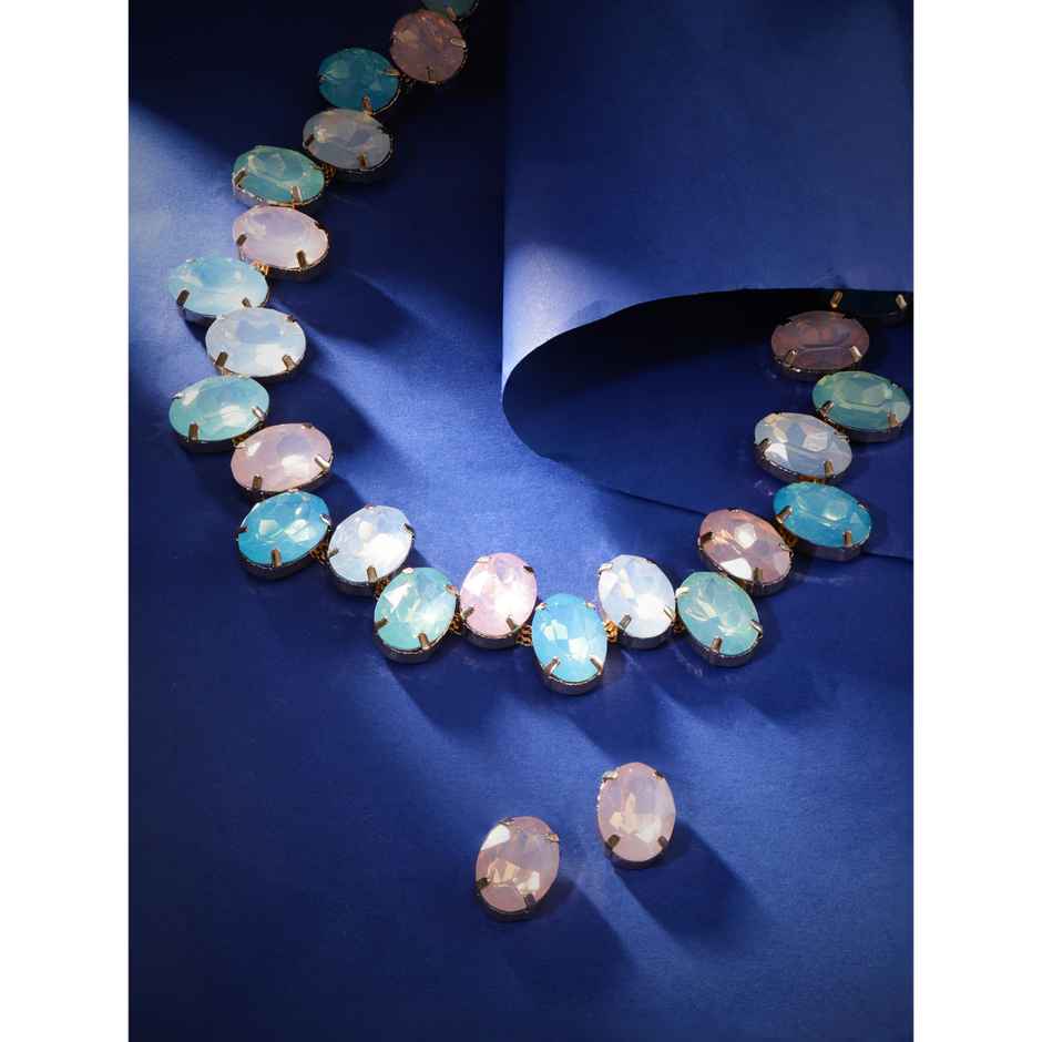 Rubans 18K Gold-Plated Pastel Blue-Pink and Lavender Faceted Oval Gemstone Necklace Set