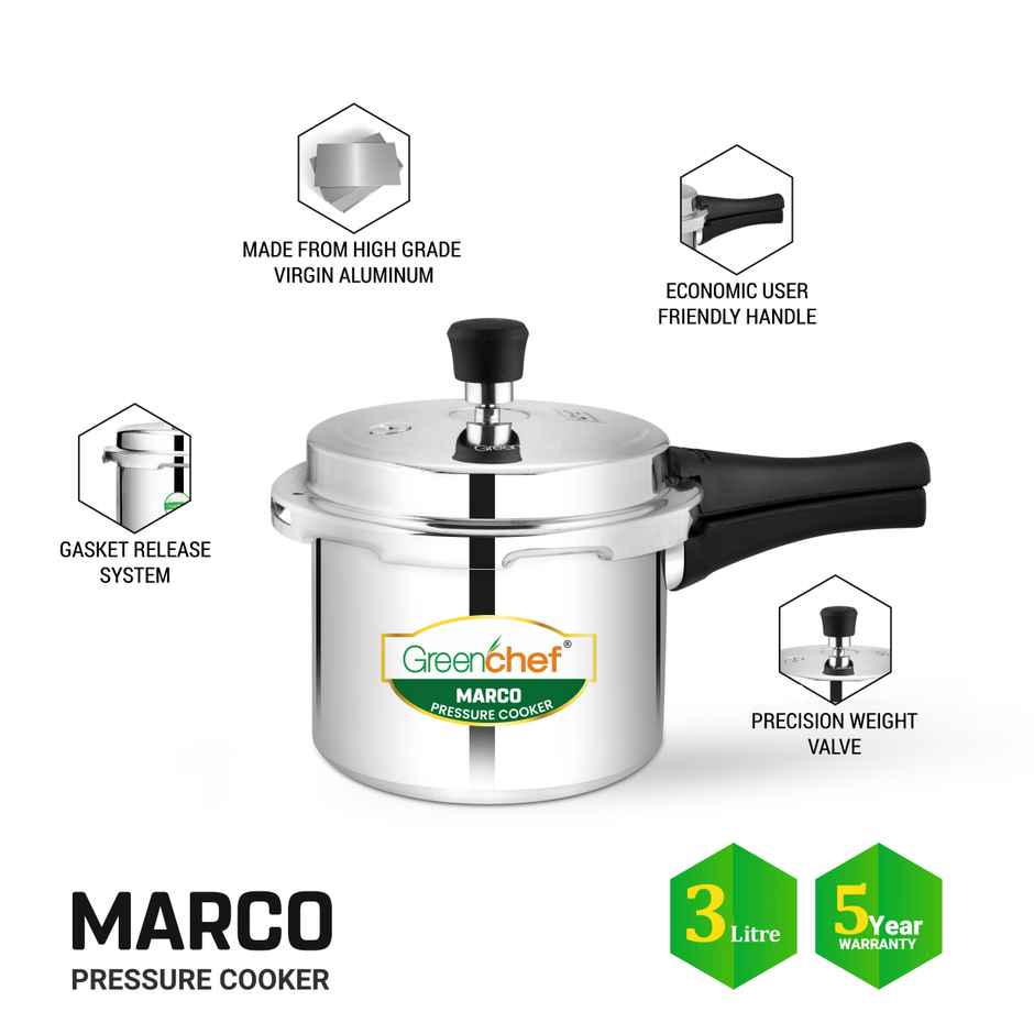 Greenchef Marco Aluminium Pressure Cooker Outer Lid 3 Litres Capacity, Silver Colour