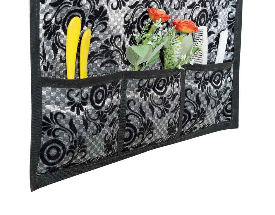 Homeharmony Black & Gray Floral Design Fridge Cover With Six Side Pockets