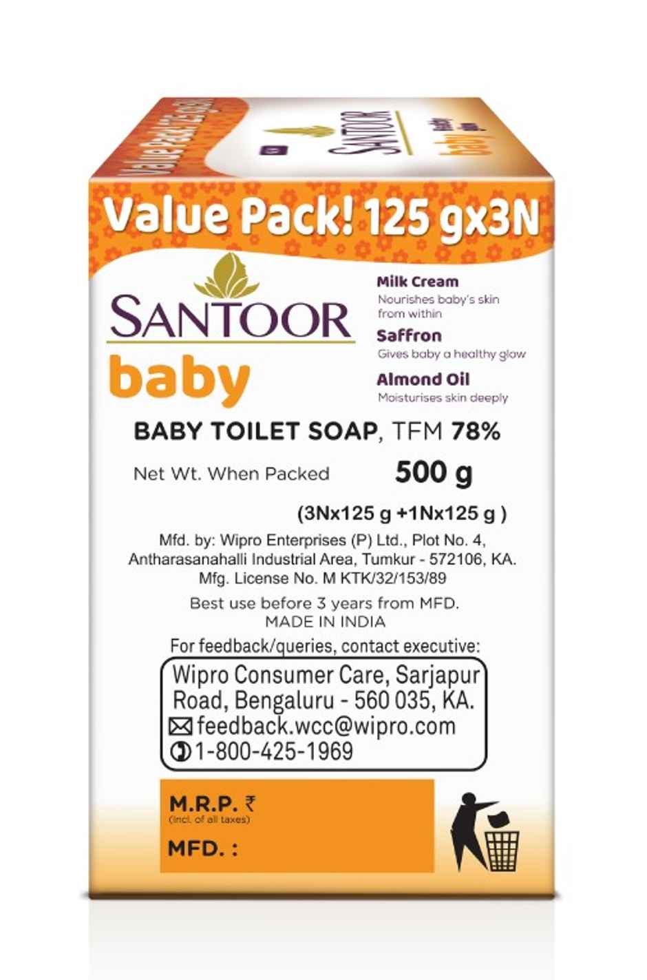Santoor Baby Bathing Bar Soap With Milk Cream and Almond Oil for Soft Skin