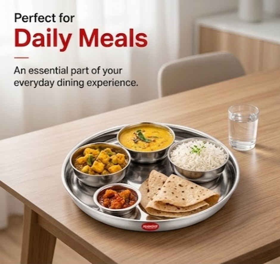 Jensons Stainless Steel Dinner Plate Set of 4 | 26cm Large Thali Plates | Food Grade Steel