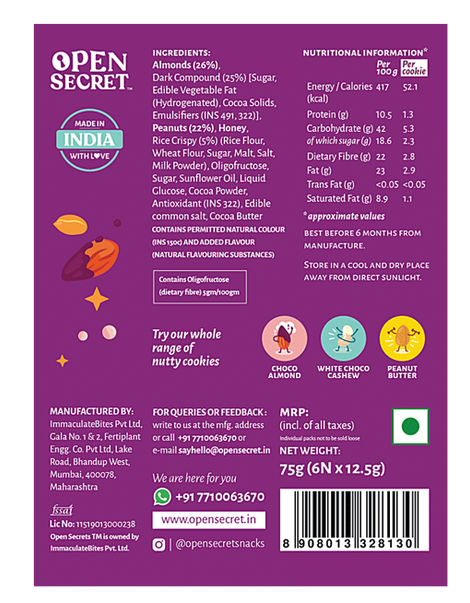 Open Secret Zero Maida Chocolate Almond Cookies | Pack of 6 | Healthy Snacks | High Protein