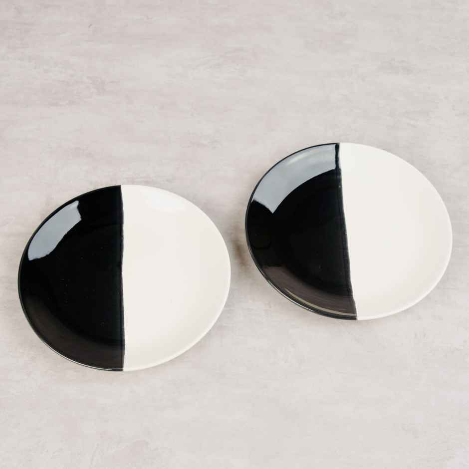 BlackCarrot Fifty Fifty Snack Plates Set of 2 (Black & White, AnimaL Bone Ash Free Stoneware)