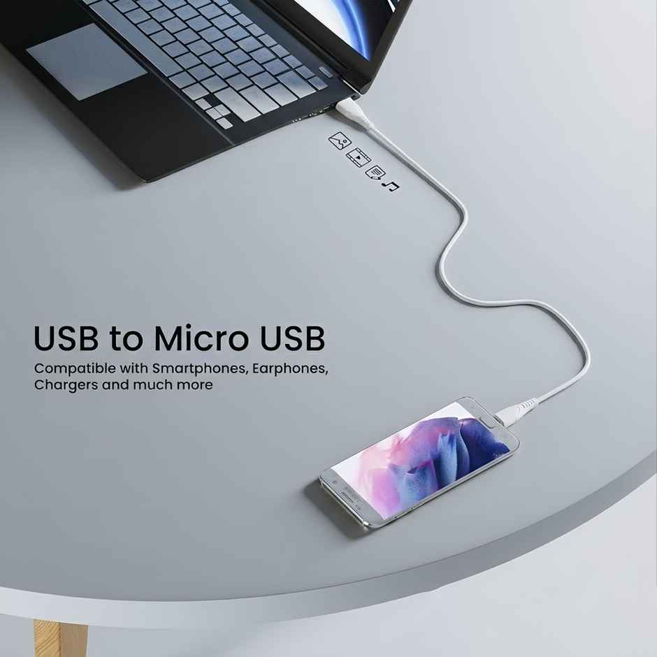 Micro USB Charging Cable | Fast Charging | Data Transfer | 1 m Length For Smartphones, Earphones, Chargers | White