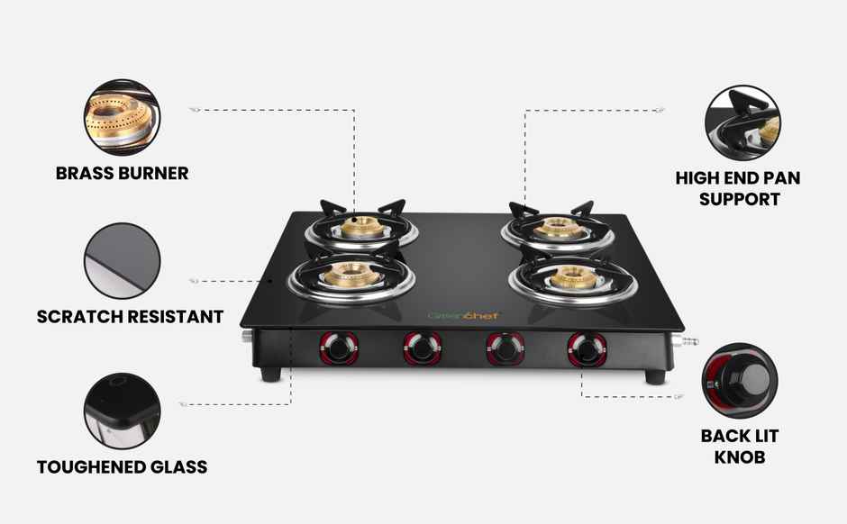 Greenchef Elon Glass Top Gas Stove | Black | Manual Ignition | 4 Burner