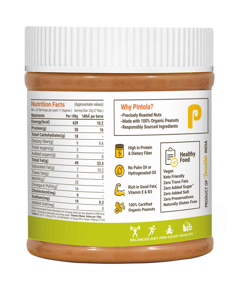 Pintola Organic Unsweetened Peanut Butter Crunchy - High Protein 30G & 9G Dietary Fiber