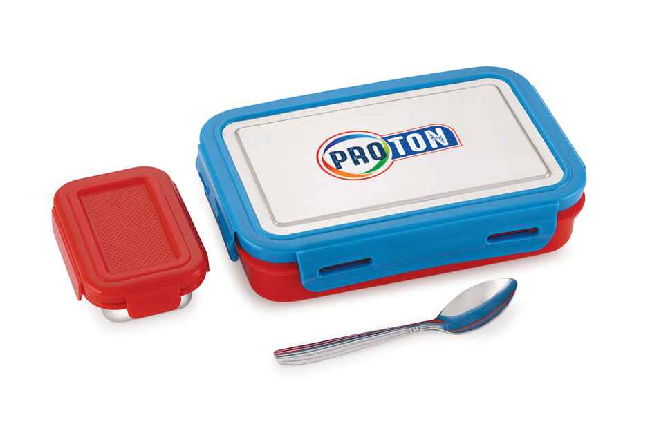Liza Industries Proton Big Tiffin | SS Lid & Inner 4 Side Lock SS Dabbi & Spoon (Colour May Vary)