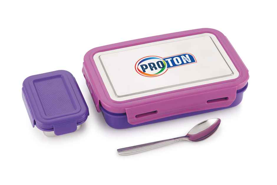 Liza Industries Proton Big Tiffin | SS Lid & Inner 4 Side Lock SS Dabbi & Spoon (Colour May Vary)