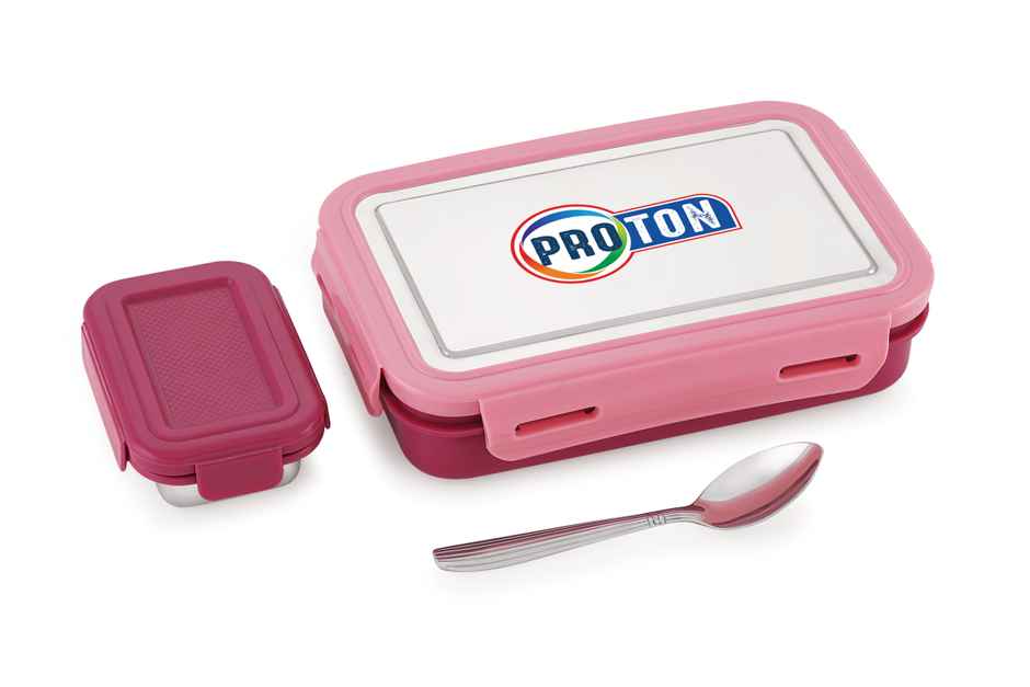 Liza Industries Proton Big Tiffin | SS Lid & Inner 4 Side Lock SS Dabbi & Spoon (Colour May Vary)