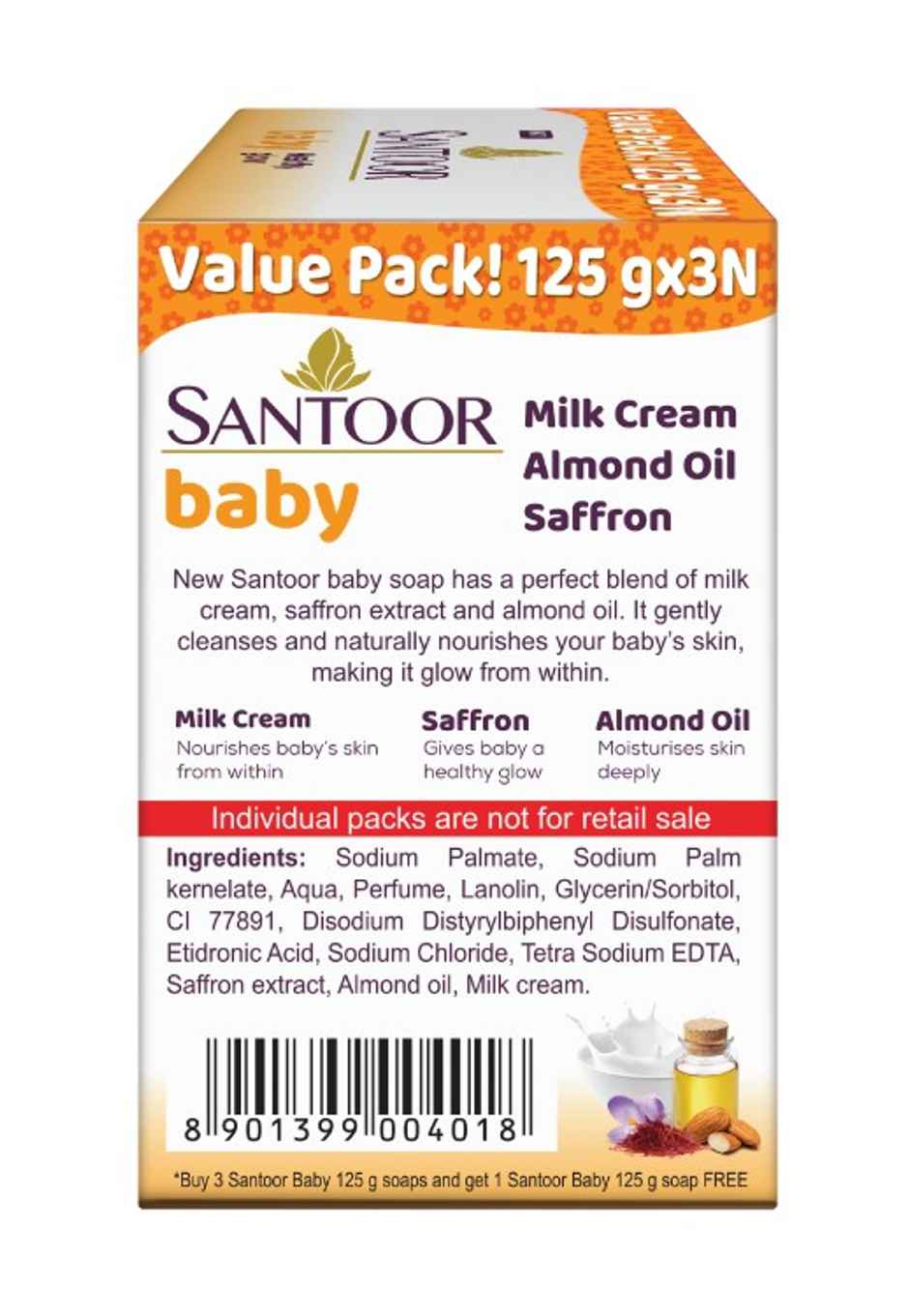 Santoor Baby Bathing Bar Soap With Milk Cream and Almond Oil for Soft Skin