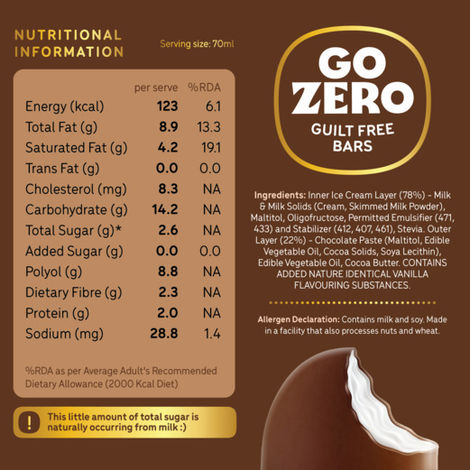 Go Zero Vanilla Chocobar Low Calorie Guilt Free Ice CreamBar