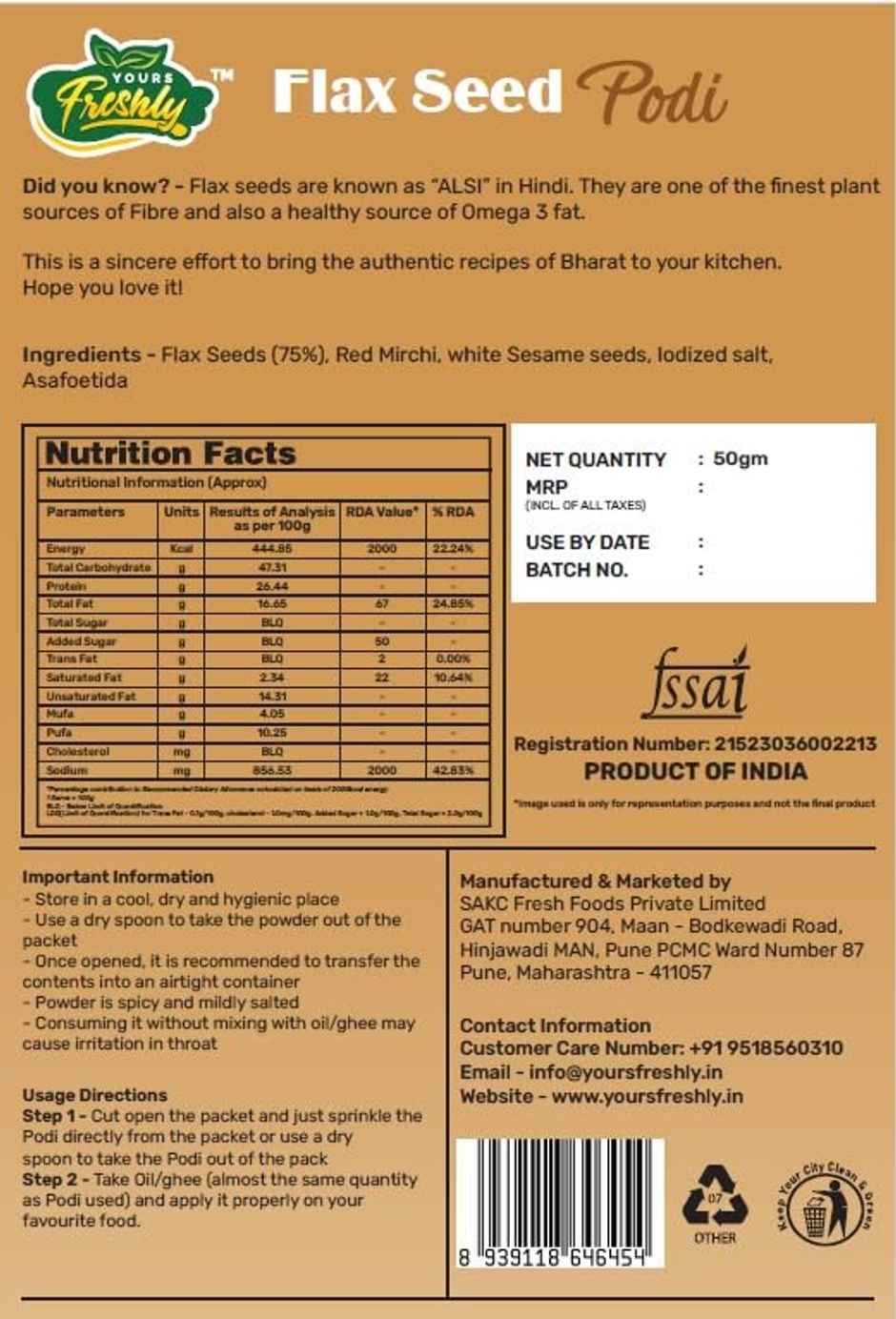 Yours Freshly Flax Seed Gunpowder Podi