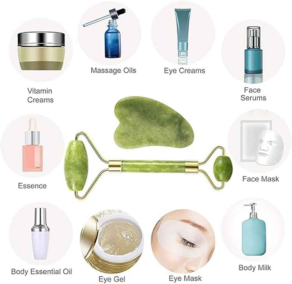 Bronson Professional Jade Roller & Gua Sha Face Neck Dual Head Massage Kit | Reduces Puffiness