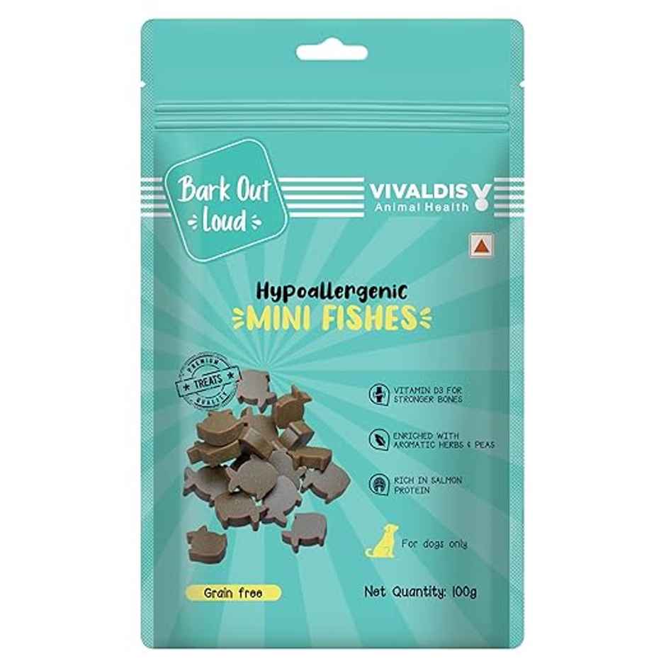 Bark Out Loud | Salmon And Turkey Dog Food For Medium / Large Breed (2kg) & Bark Out Loud Mini Fishes Dog Treats - No Grain & Hypoallergenic Snack For Dogs (100g) Combo