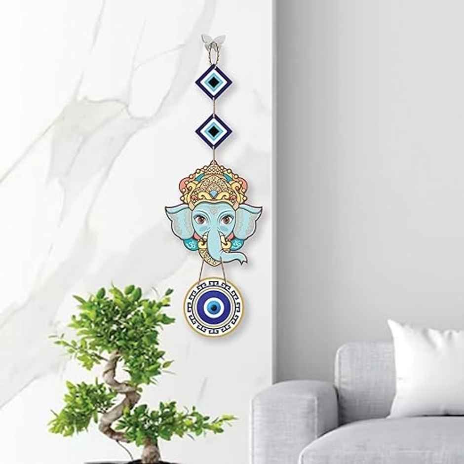 Daluci Designer Wooden Wall Hanging For Home Decor - Hamsa Hand Peace Charm | Face Ganesh