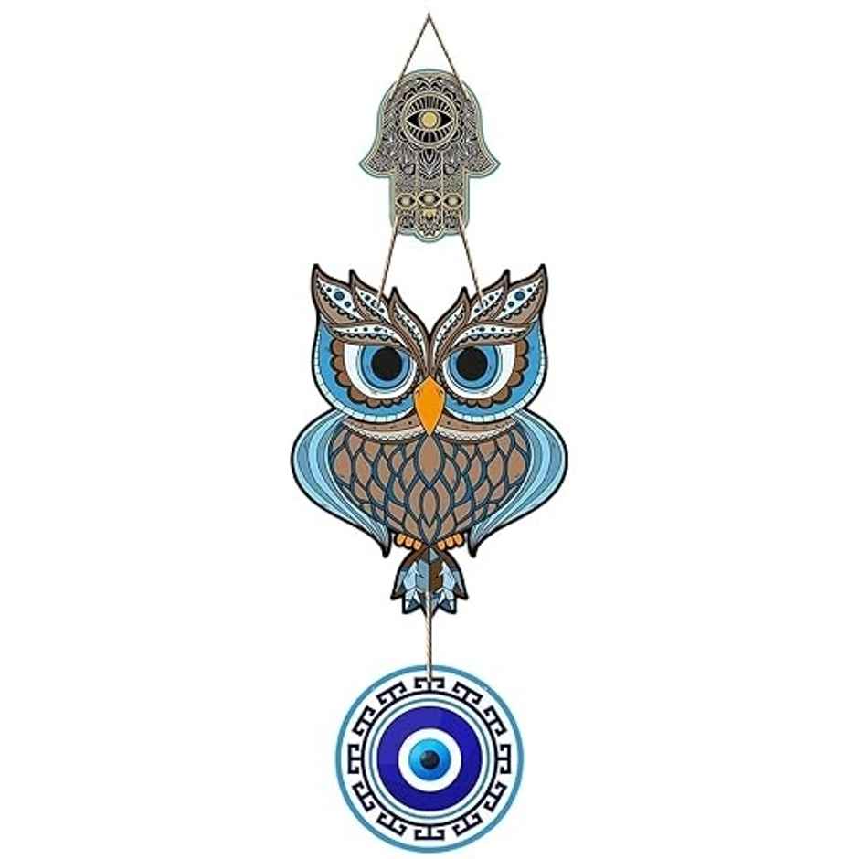 Daluci Wooden Wall Hanging For Home Decor | Hamsa Hand Peace Charm | Owl Shape